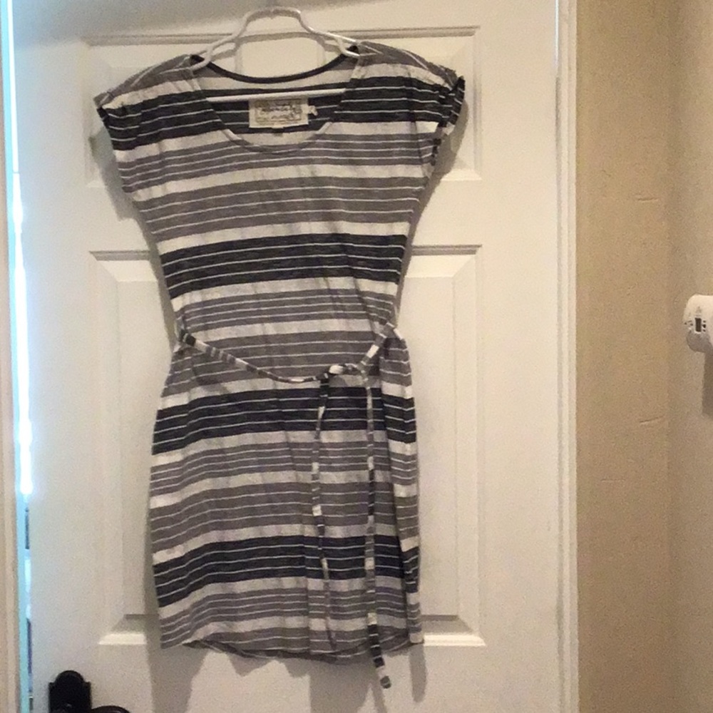 Striped cotton knit dress in shades of grey and off white